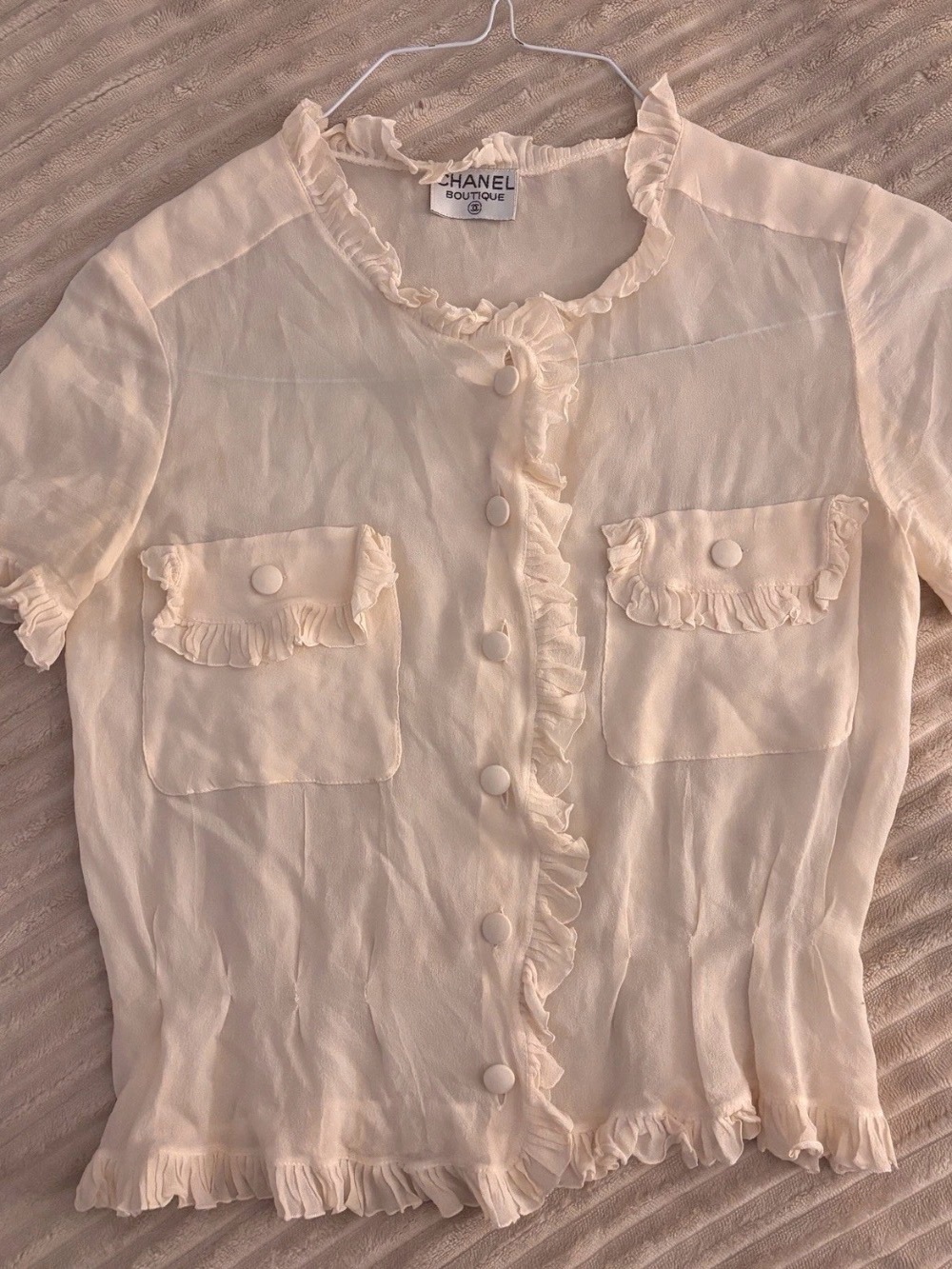 CHANEL Cream Ruffle-Trim Short Sleeve Blouse